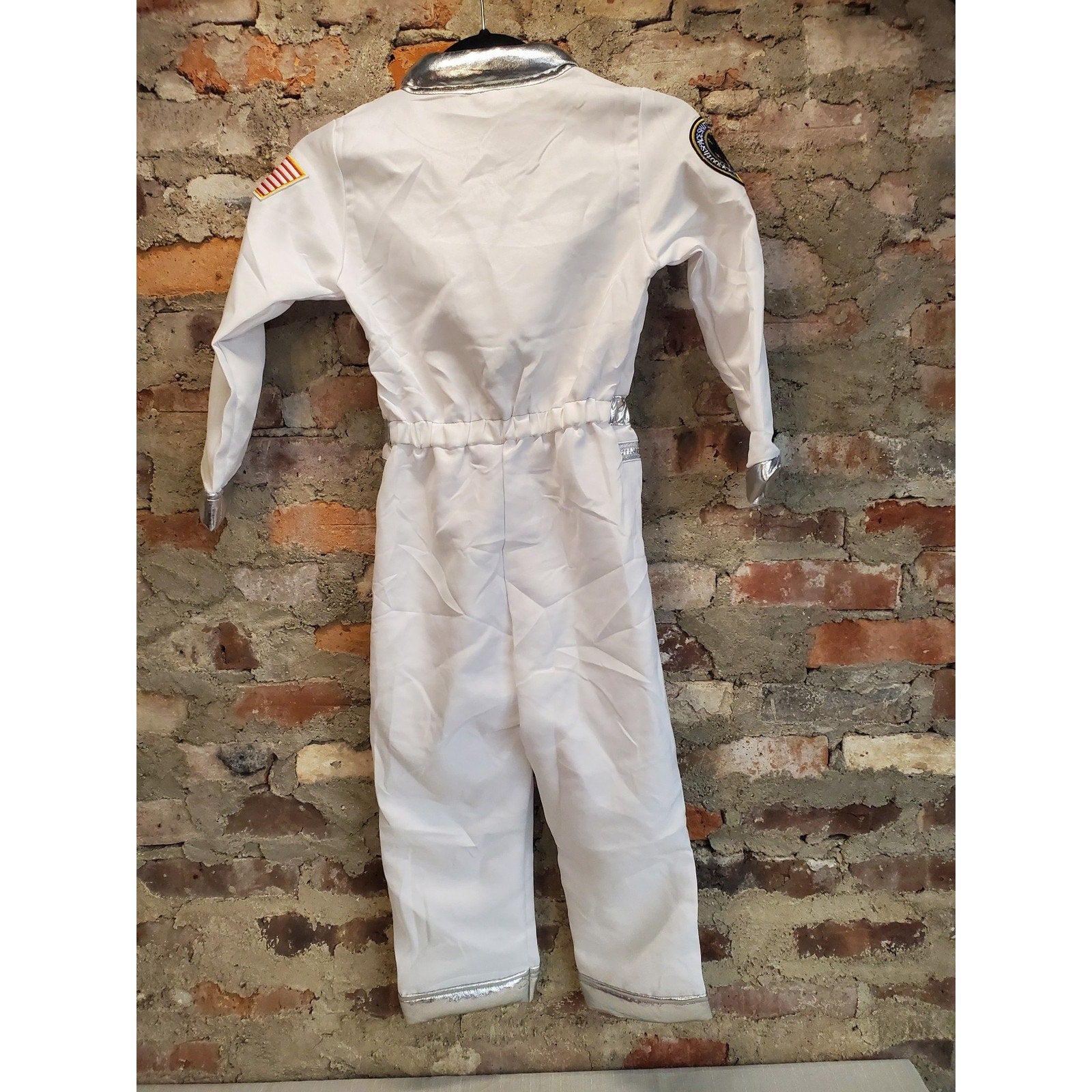 NASA Childrens Astronaut Costume Jumpsuit M White Silver American Flag Polyester
