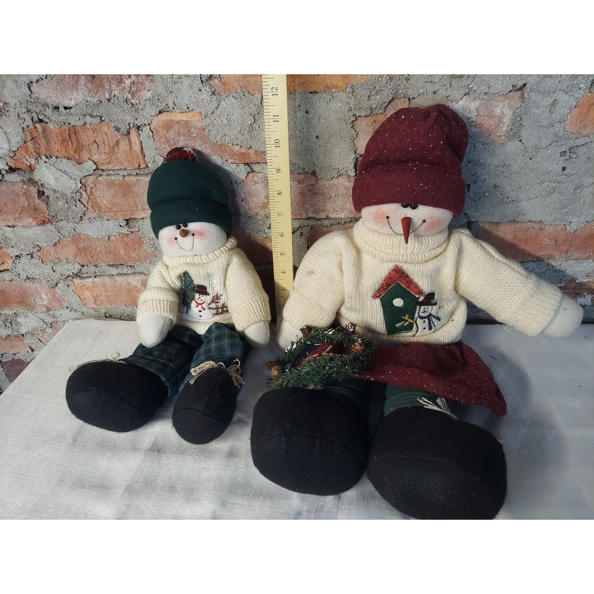 Christmas Snowman Dolls Set 2 Winter Holiday Shelf Sitter Fabric Knitted Plush