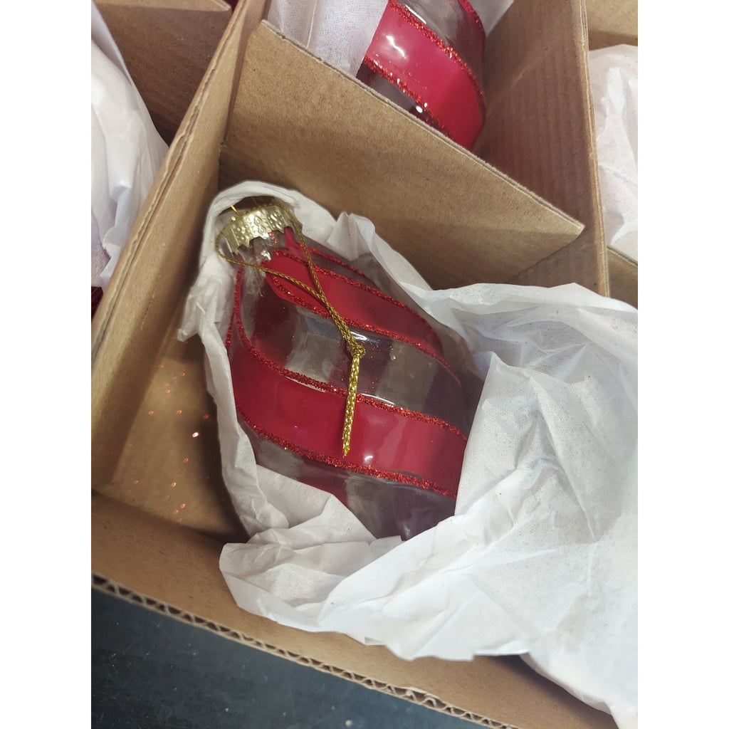 Christmas Ornaments Set of 8 Red Clear Glitter Glass Swirl Stripe Holiday Tree