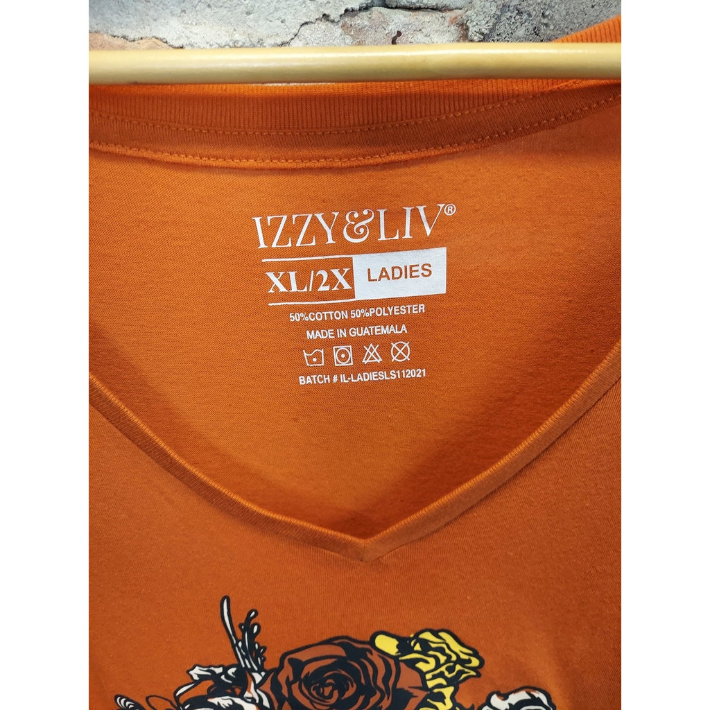 IZZY & LIV Womens Plus XL 2X Orange Long Sleeve V Neck Graphic Print T Shirt