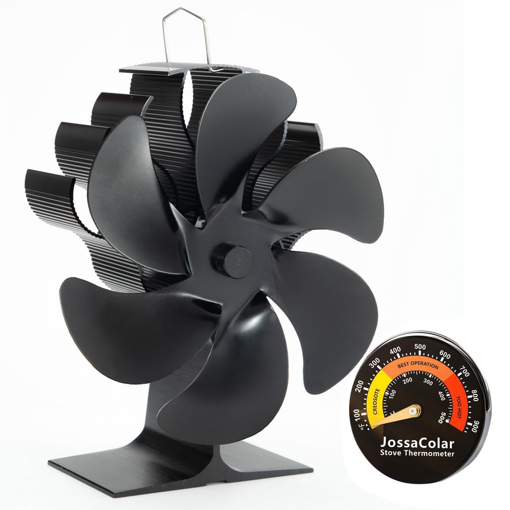 JossaColar Heat Powered Wood Stove Fan 6 Blade Fireplace Fan Thermometer Black