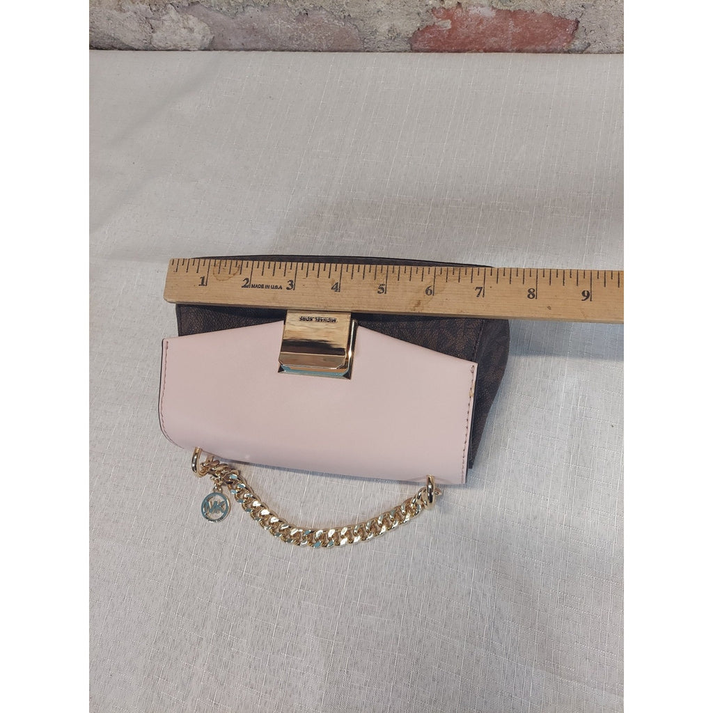 Michael Kors Womens MK Logo Pink Brown Crossbody Shoulder Handbag Gold Tone