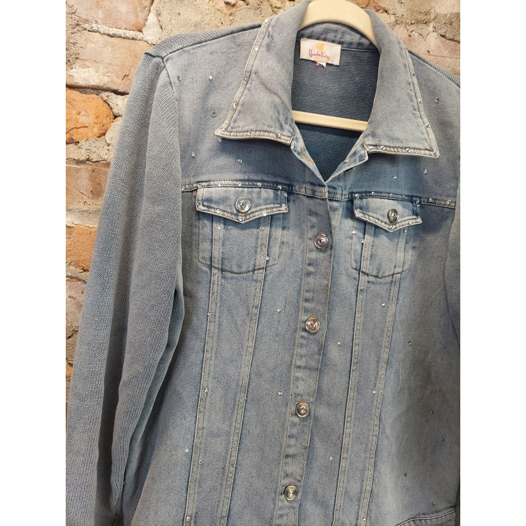 Quacker Factory Womens XL Denim Jean Jacket Light Blue Rhinestone Embellished
