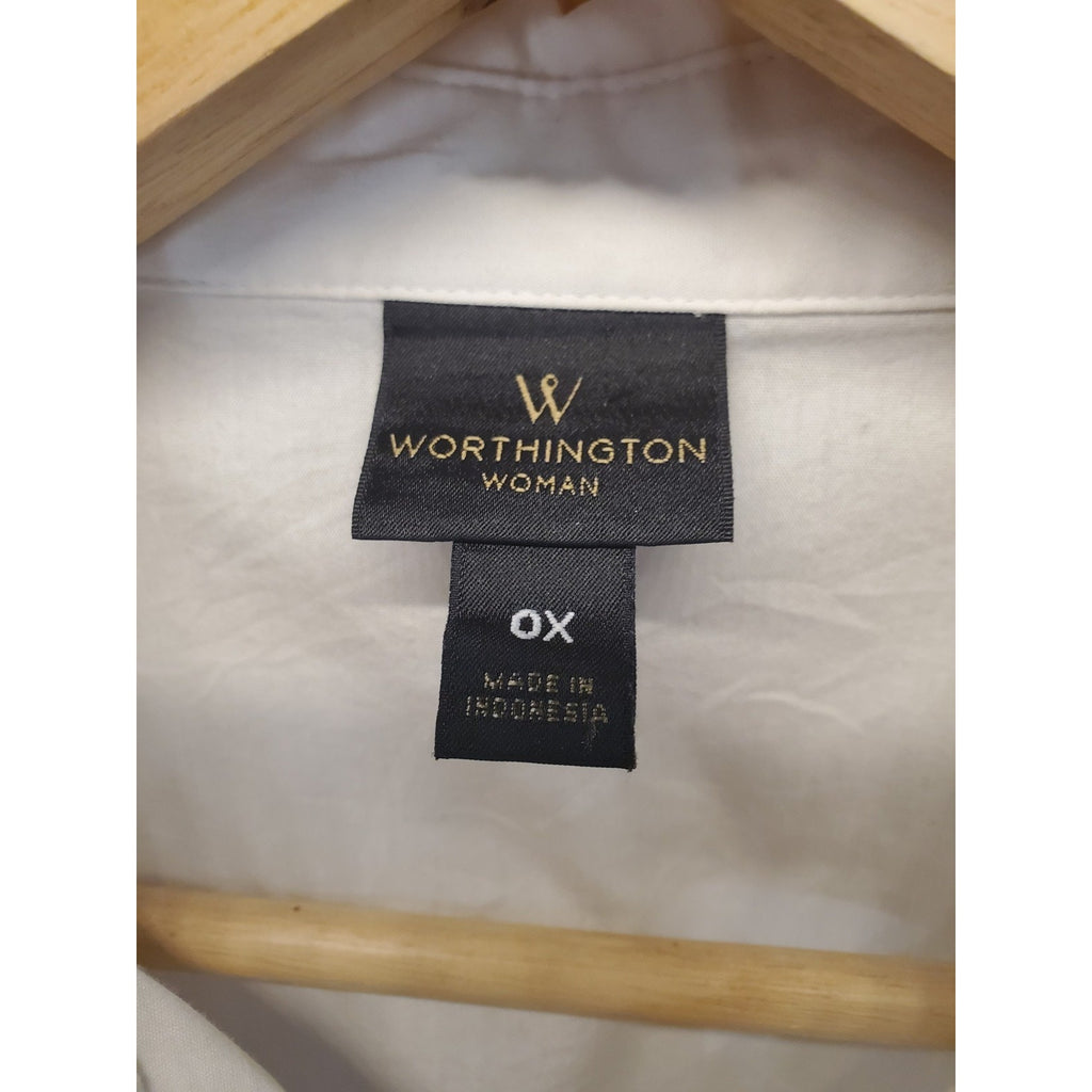 Worthington Womens 0X White Short Sleeve Button Down Collared Shirt Blouse Plus