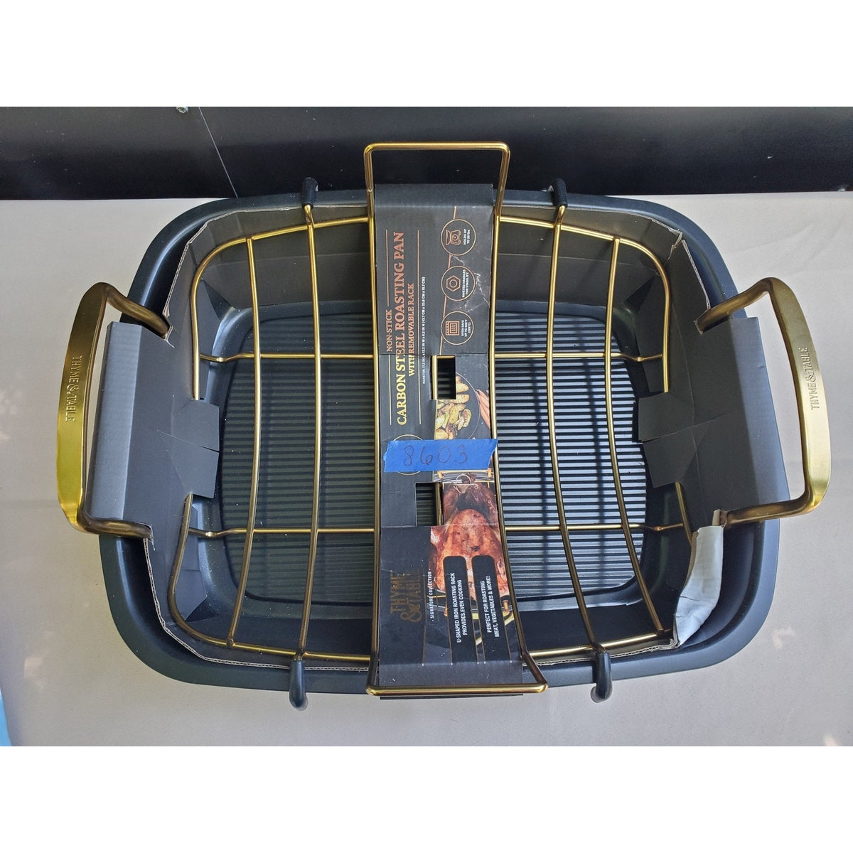 THYME & TABLE Roasting Pan Carbon Steel Non-Stick Removable Rack Oven Safe 25lb