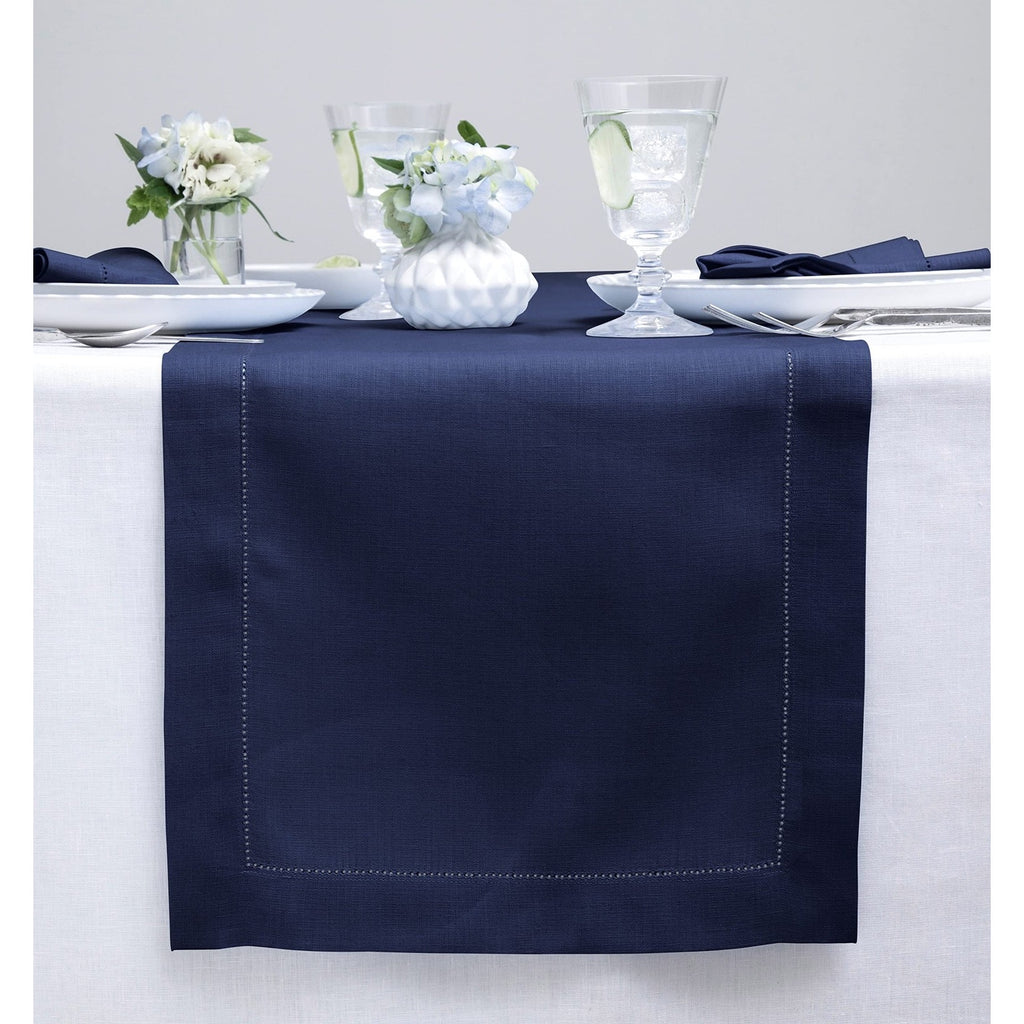 Solino Home 90" Linen Table Runner Navy Blue Solid Decorative Stitching Dining