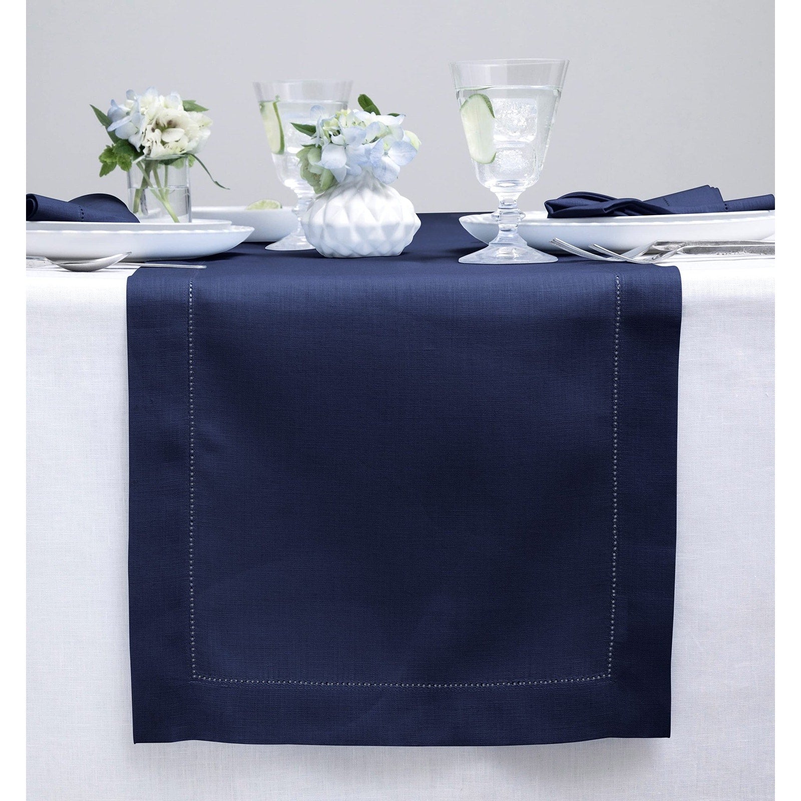 Solino Home 90" Linen Table Runner Navy Blue Solid Decorative Stitching Dining