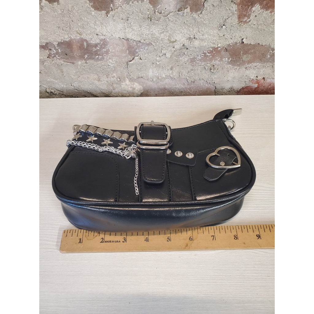 Gothic Punk Emo Y2K Studded Chain Black Mini Shoulder Bag Handbag Faux Leather