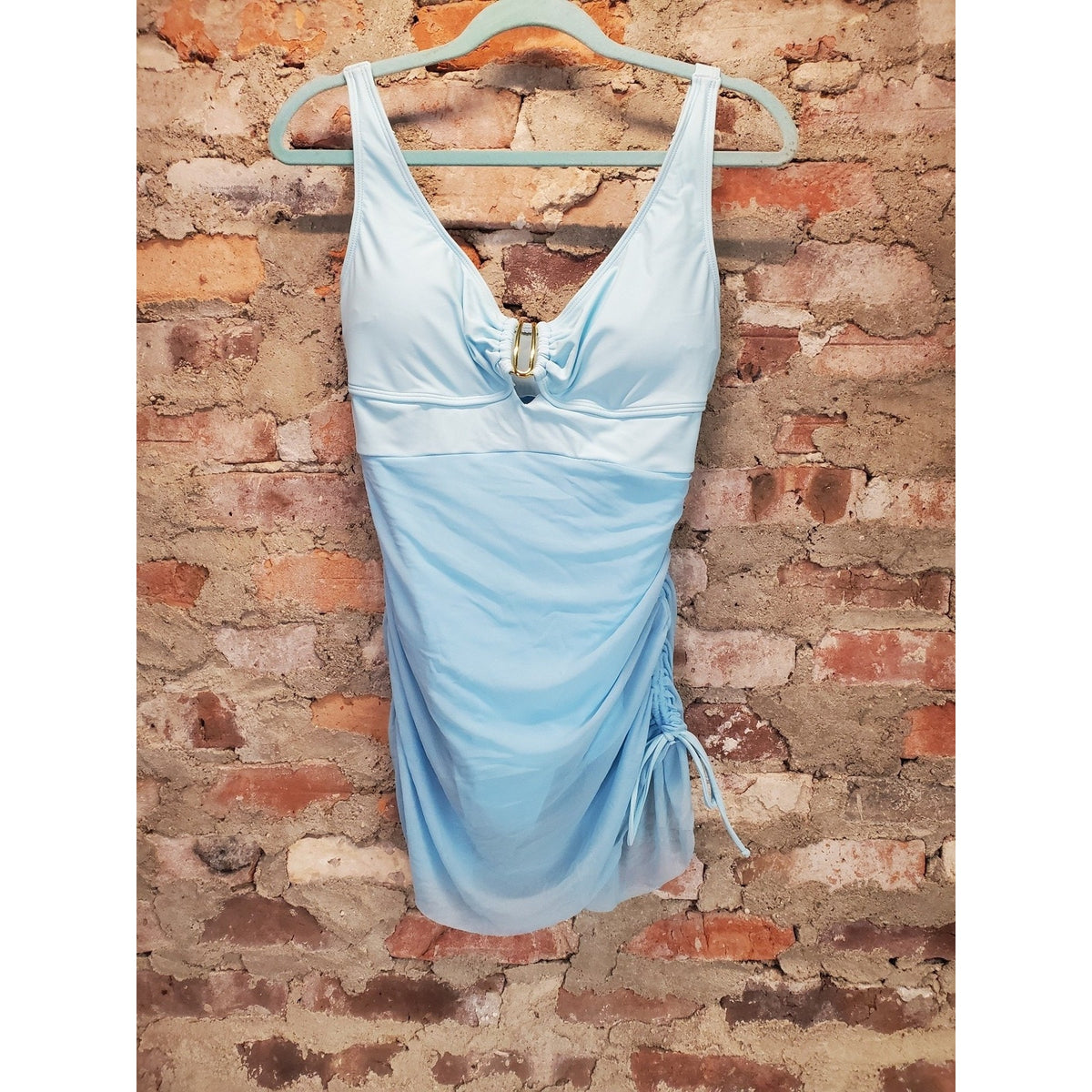 B2PRITY Womens Swimdress One Piece L Light Blue Ruched Tummy Control V Neck NEW