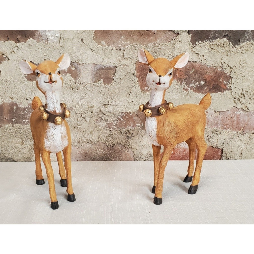 Christmas Reindeer Deer Fawn Figurines Set 2 Jingle Bells Holiday Decor