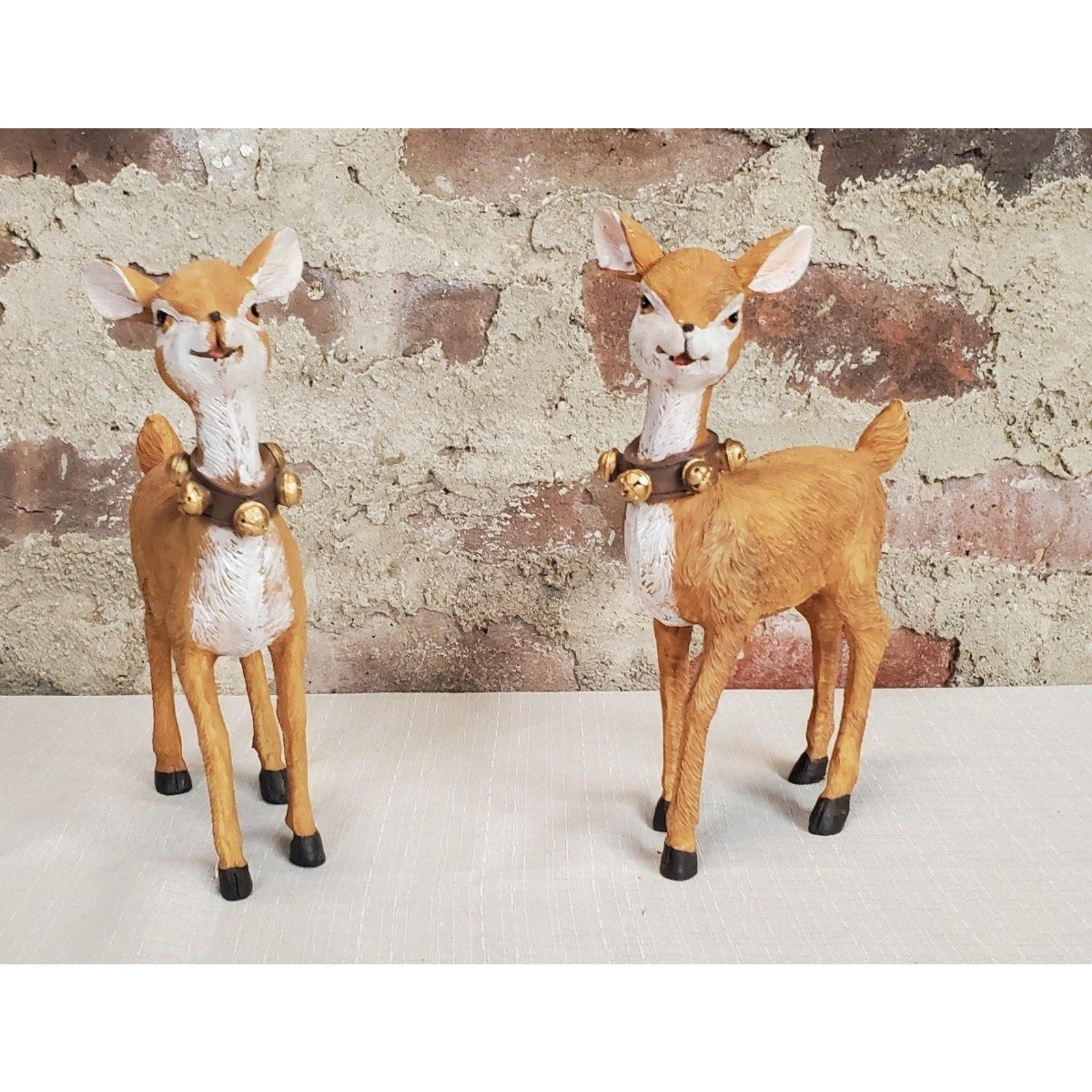 Christmas Reindeer Deer Fawn Figurines Set 2 Jingle Bells Holiday Decor