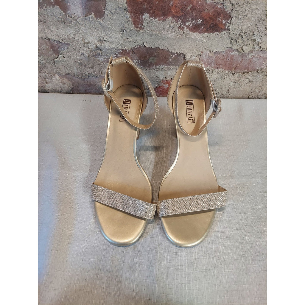 UDIFU Womens Block Heel Sandals Size 8 Gold Glitter Ankle Strap Party Shoes