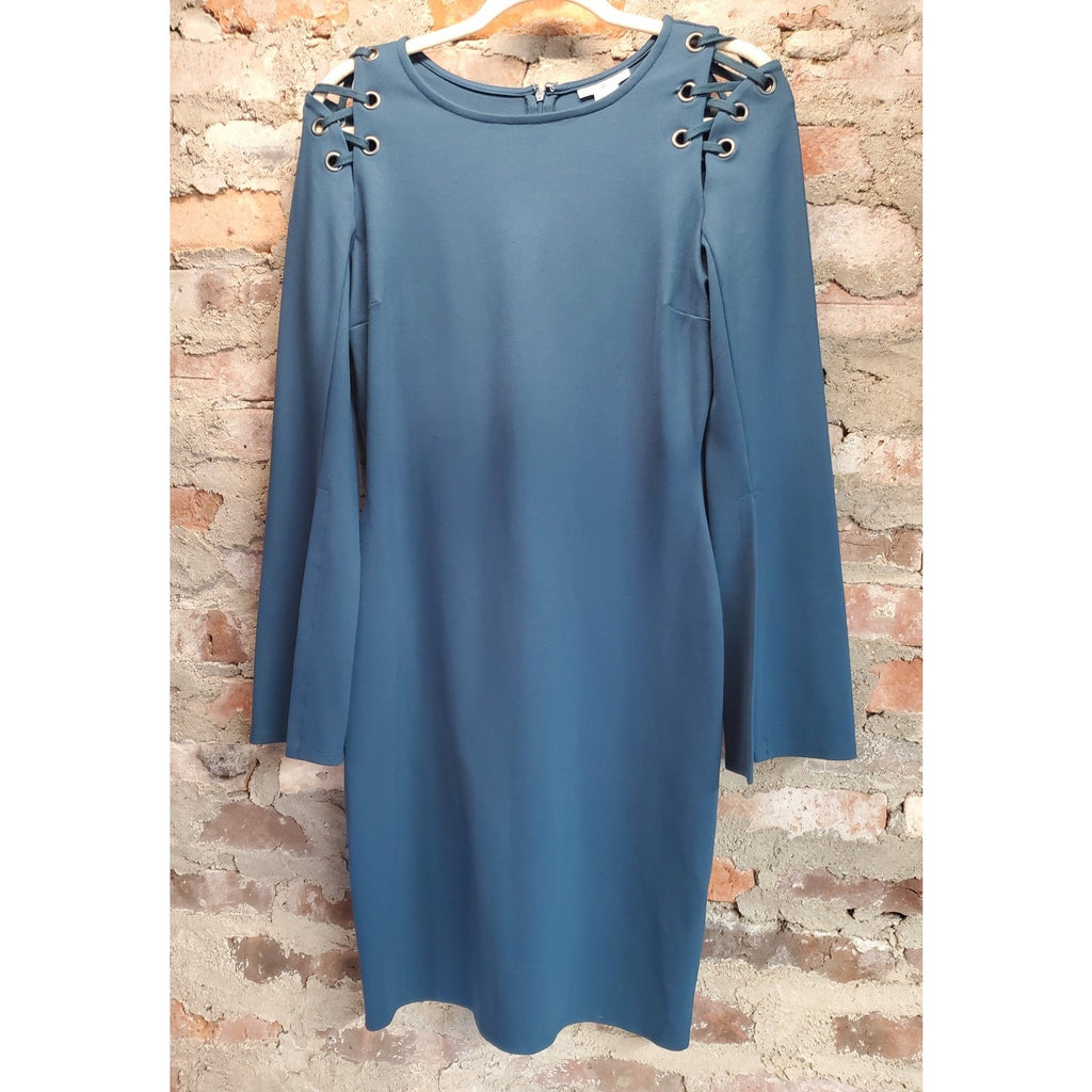 Bar III Womens Sheath Dress M Teal Long Sleeve Lace Up Shoulders Stretch Zipper