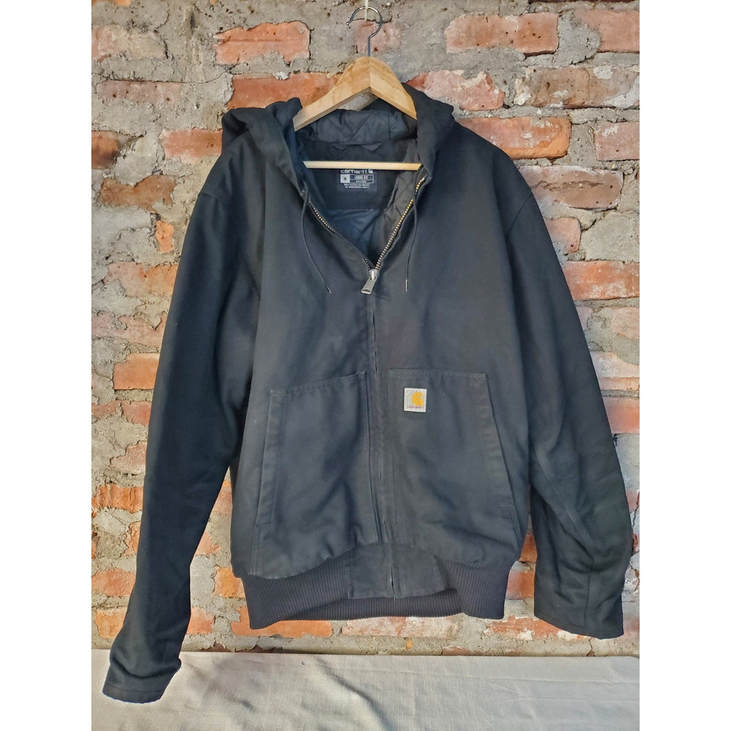 Carhartt Mens Hooded Jacket Coat M Black Loose Fit Full Zip Workwear