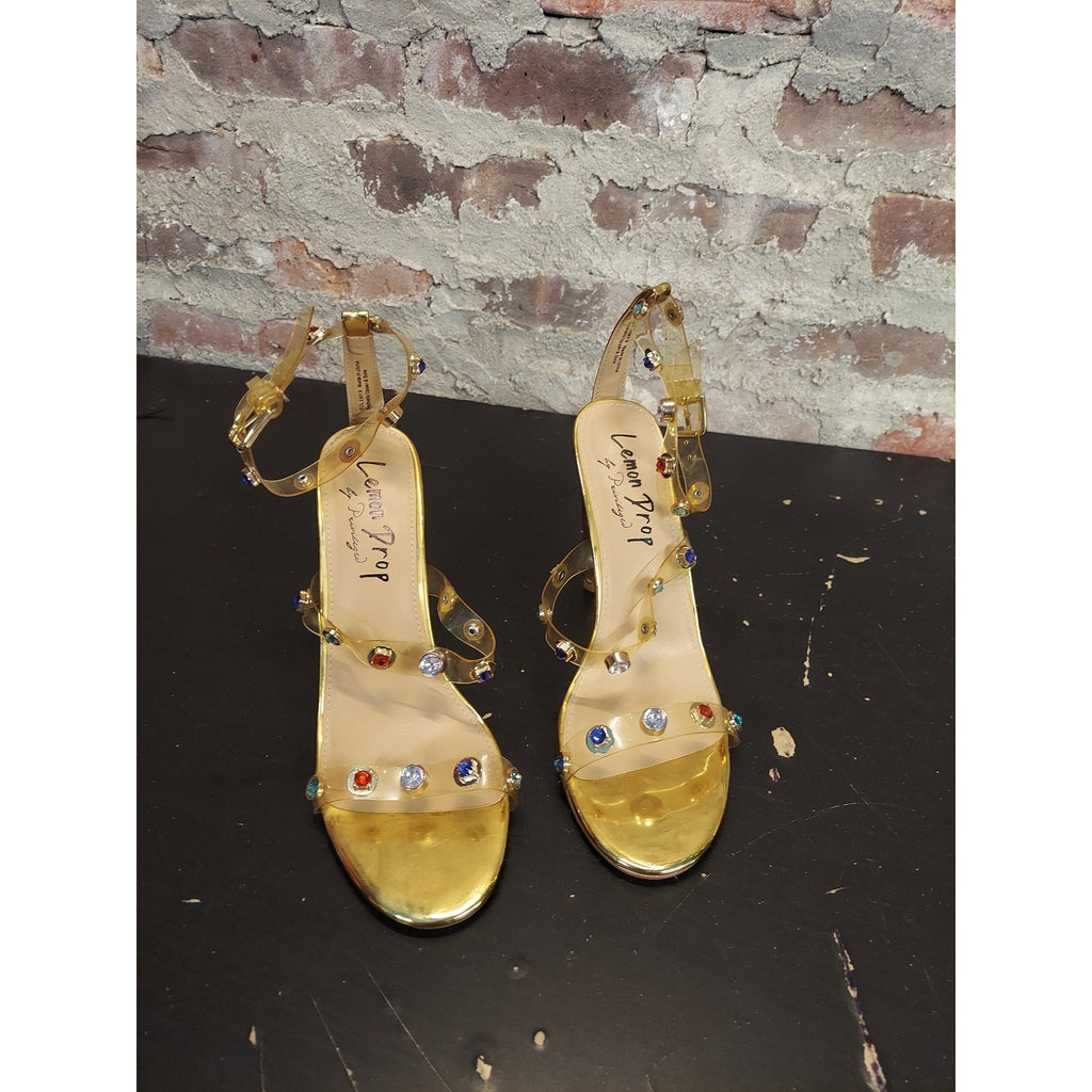 Lemon Drop Womens Block Heel Sandals 7.5 Gold Clear Multicolor Rhinestone Ankle