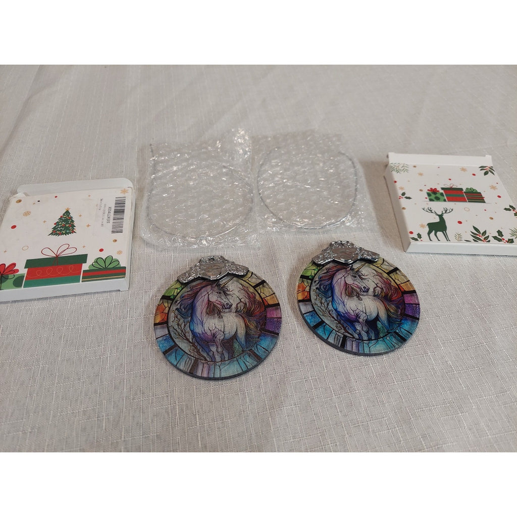 Unicorn Stained Glass Style Christmas Ornaments Set of 2 Fantasy Hanging Decor