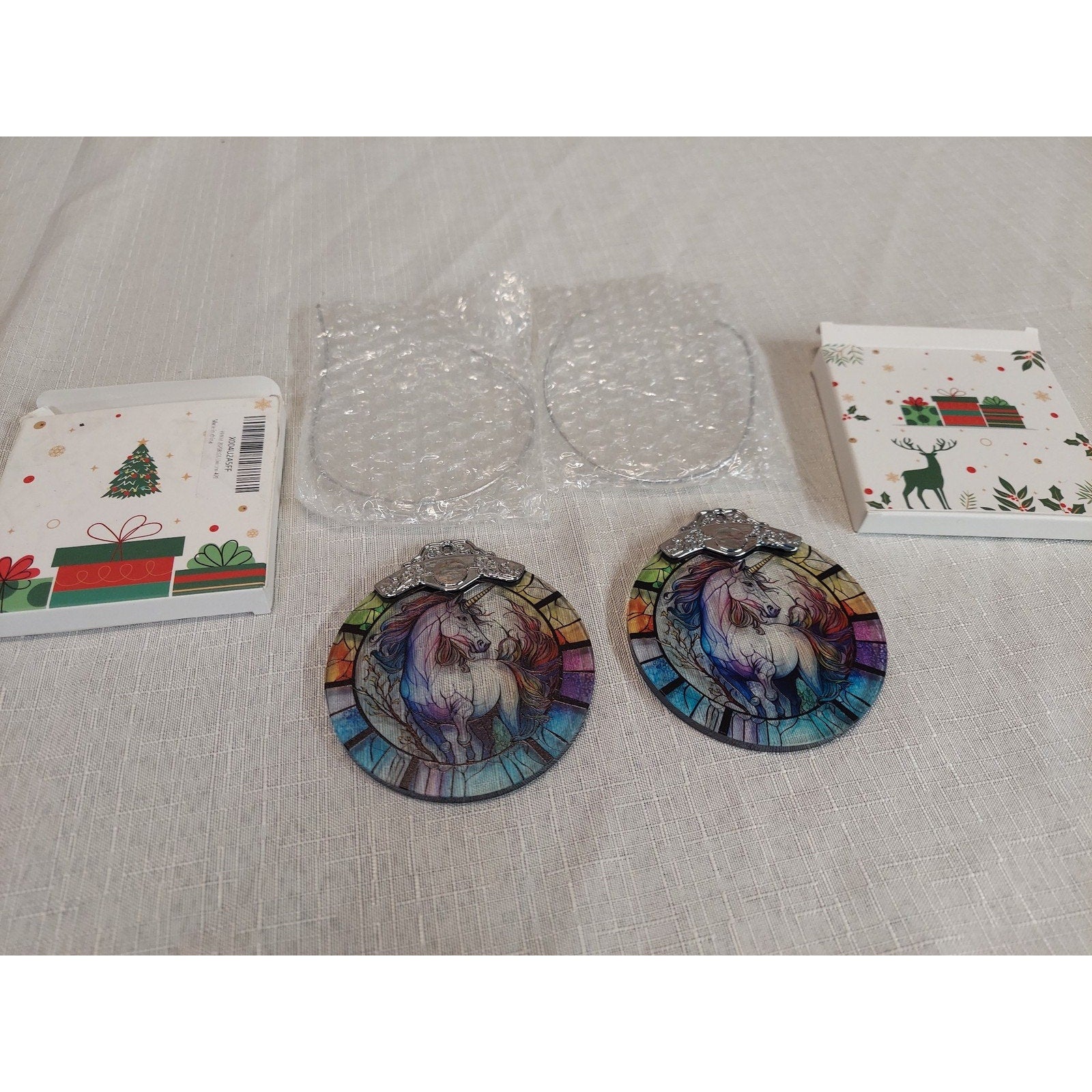 Unicorn Stained Glass Style Christmas Ornaments Set of 2 Fantasy Hanging Decor