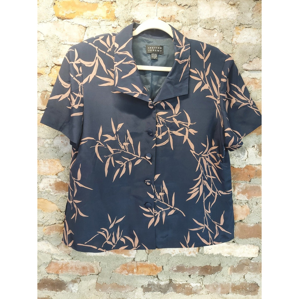 Spenser Jeremy Womens 2 Piece Set Size 16 Navy Peach Bamboo Leaf Print Silk