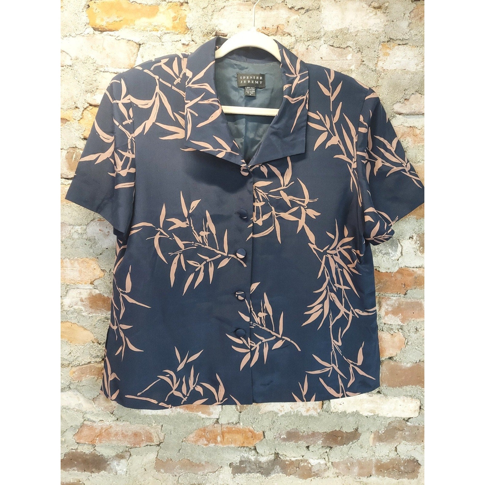 Spenser Jeremy Womens 2 Piece Set Size 16 Navy Peach Bamboo Leaf Print Silk