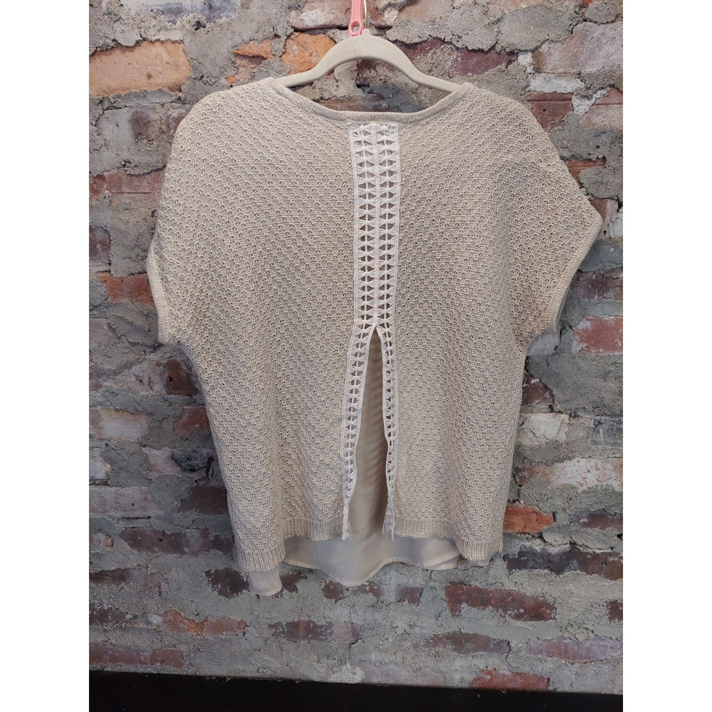 Westport Womens Petite L Beige Knit Short Sleeve Sweater Layered Back Detail
