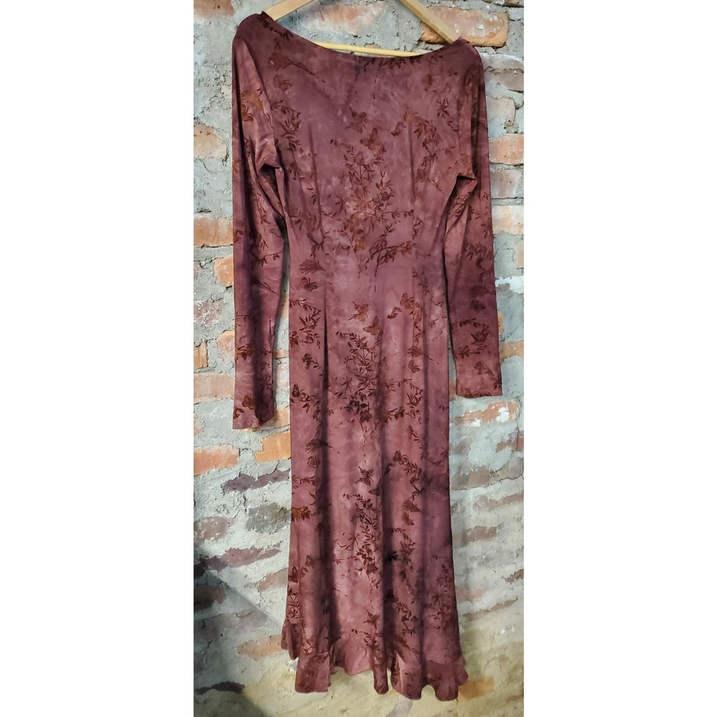 Gertu Womens Long Sleeve Dress M Mauve Brown Floral Butterfly Asymmetrical Hem