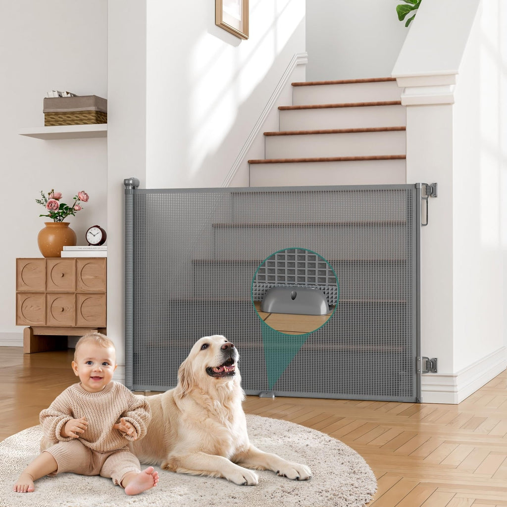 Indoor Outdoor Retractable Baby Pet Safety Gate 110 Inch Wide Grey Mesh