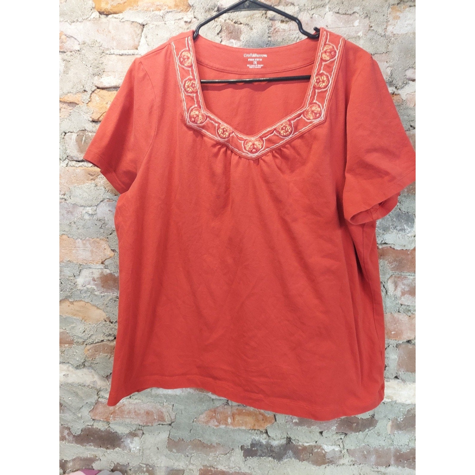 Croft & Barrow Womens Shirt 2X Rust Orange Square Neck Embroidered Short Sleeve
