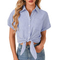 Womens Blue White Striped Knot Front Blouse Shirt Short Sleeve Collared L New