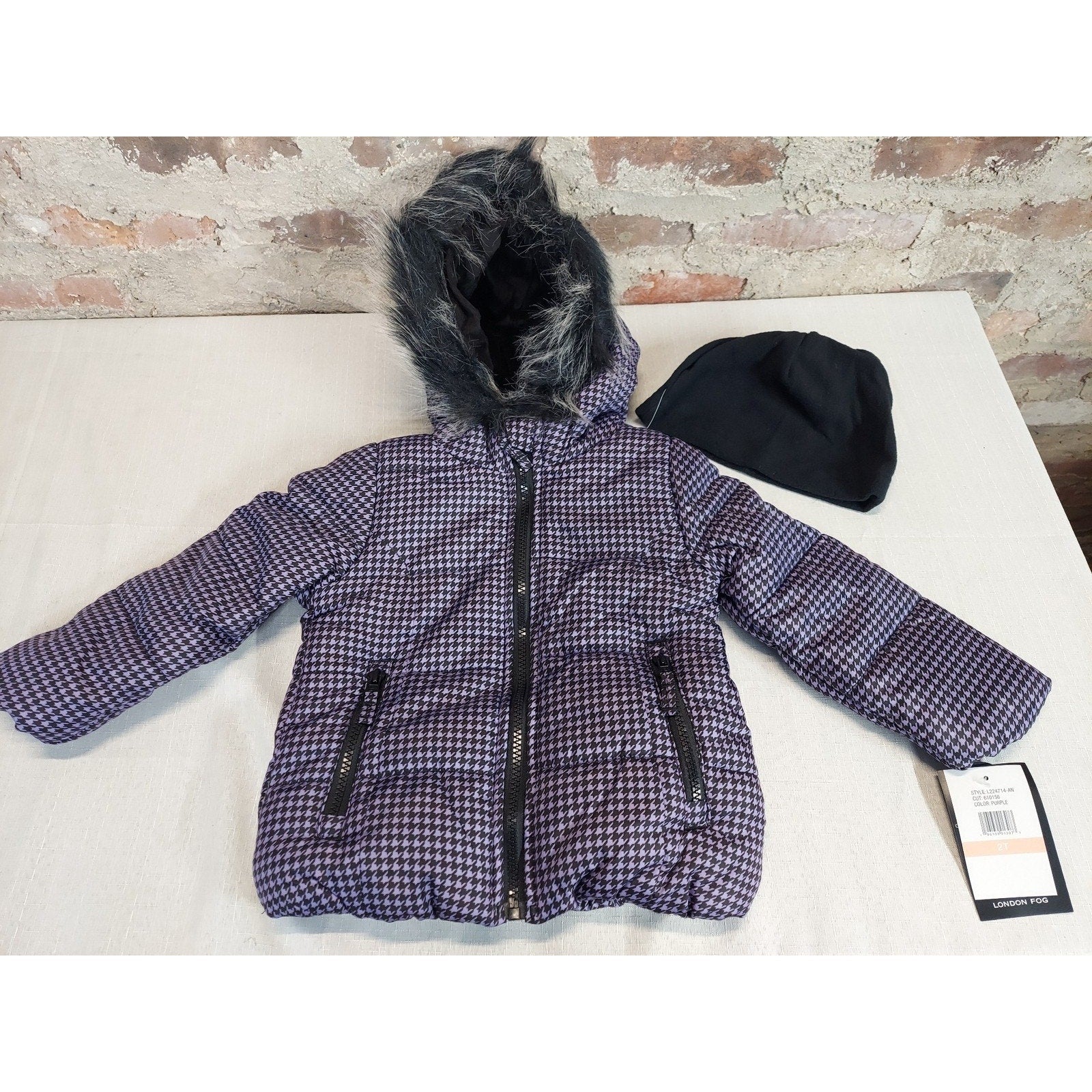 London Fog Baby Girls 3T Puffer Jacket Faux Fur Hood Purple Houndstooth NWT Hat