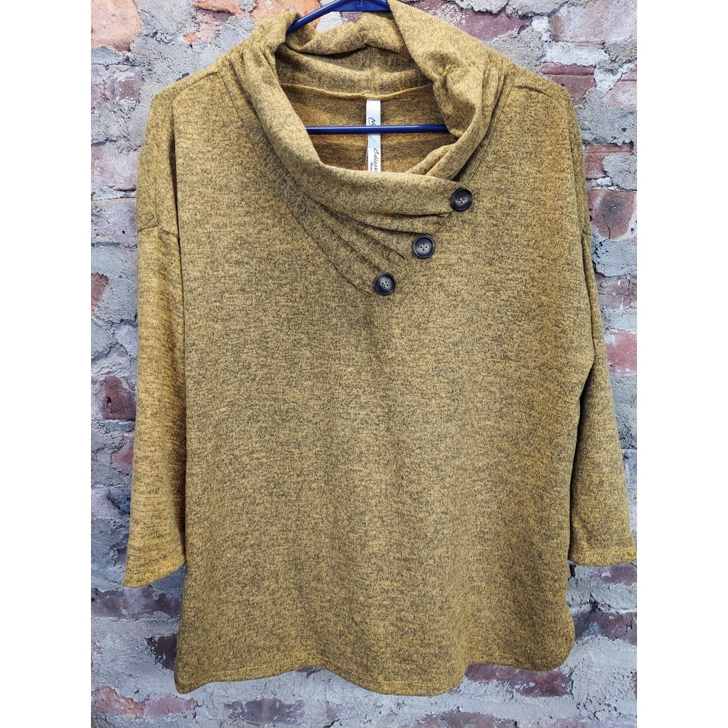 NY Collection Womens Cowl Neck Tunic Sweater 1X Mustard Yellow Button 3/4 Sleeve
