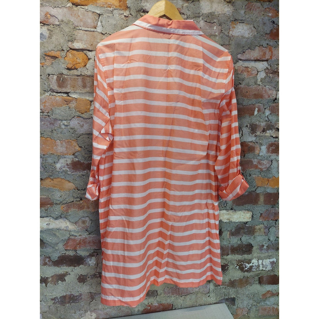 Talbots Womens Shirtdress Button Down Tunic XL Coral White Striped 100% Cotton