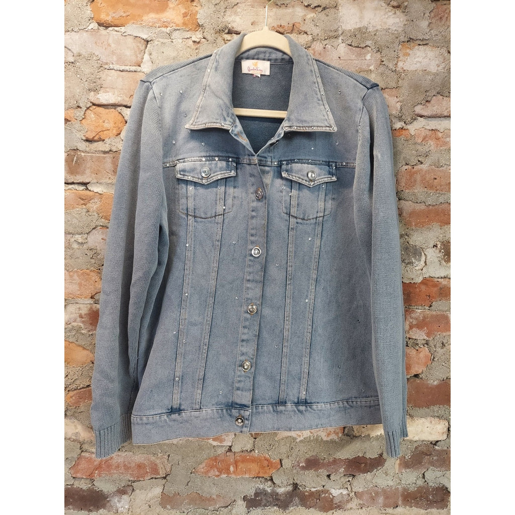 Quacker Factory Womens XL Denim Jean Jacket Light Blue Rhinestone Embellished