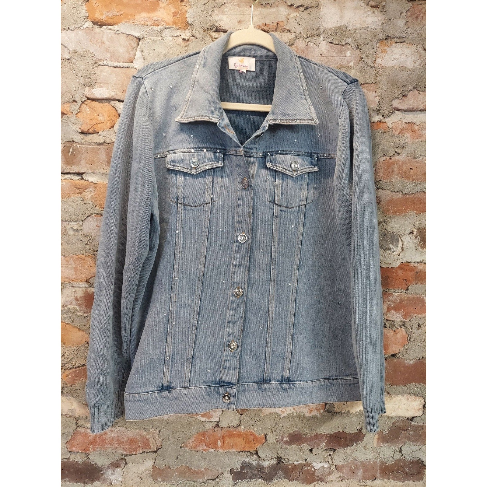 Quacker Factory Womens XL Denim Jean Jacket Light Blue Rhinestone Embellished