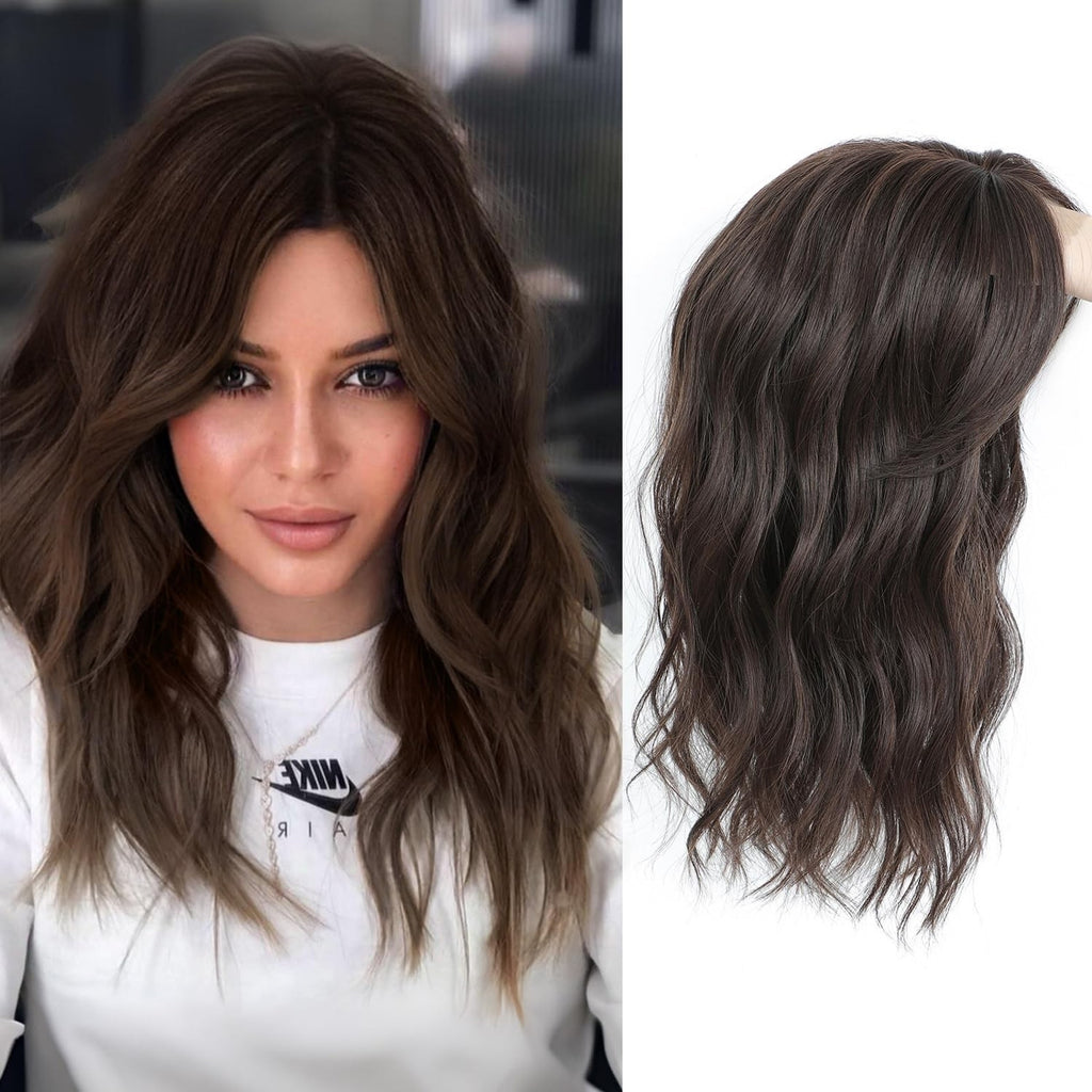 PANEMAY Womens Wiglet Topper Perla Wavy Dark Brown 16 Inch Hair Piece Clip In