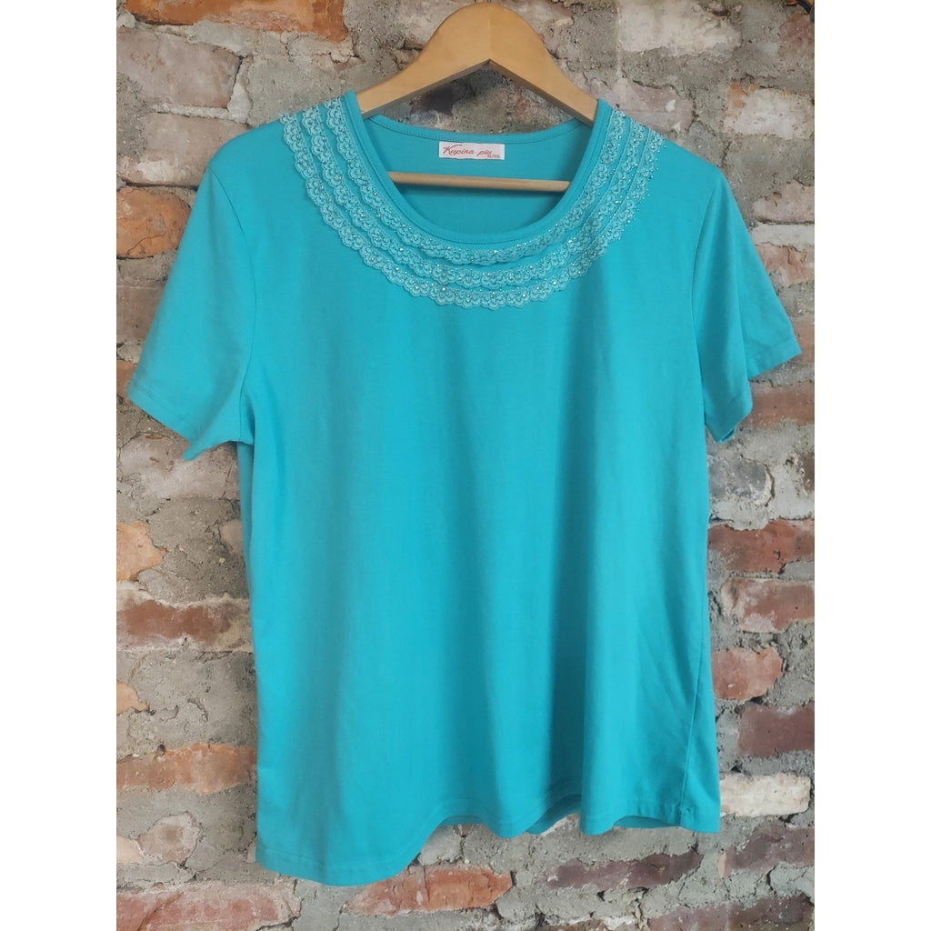 Kupina-pitt Womens T Shirt XL XXL Teal Lace Rhinestone Neck Short Sleeve