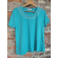 Kupina-pitt Womens T Shirt XL XXL Teal Lace Rhinestone Neck Short Sleeve