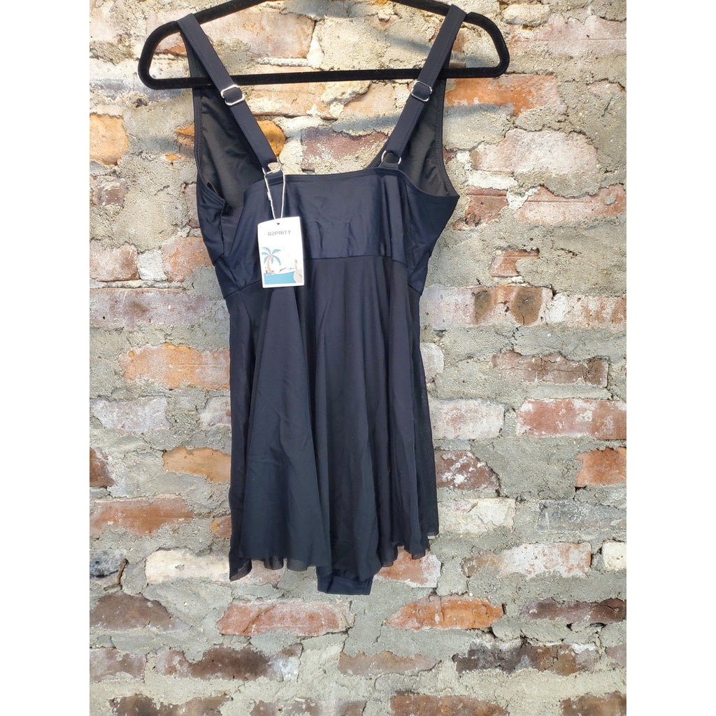 Esprit Womens Swimdress M Black V Neck Swimsuit Skirt Adjustable Strap NWT