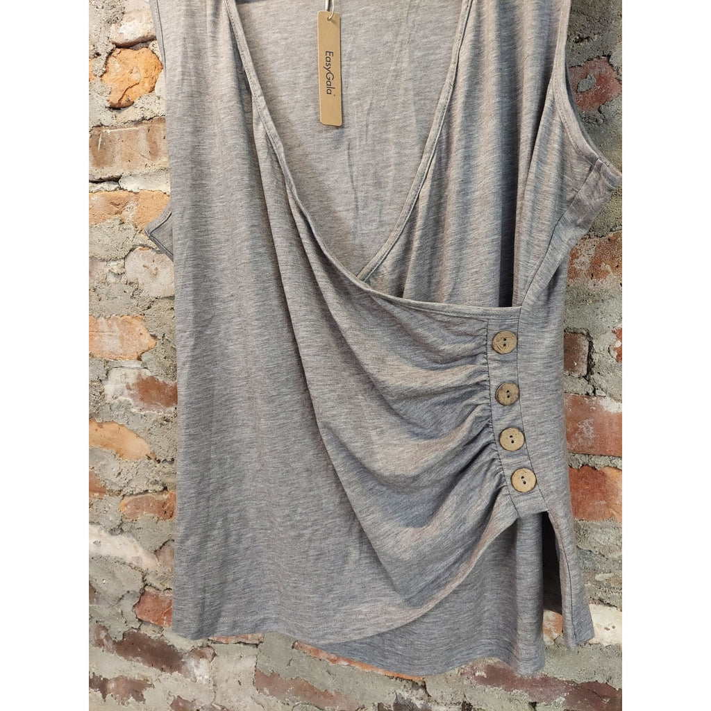 EasyGala Womens Tank Top 2XL Gray V Neck Wrap Ruched Button Sleeveless NWT