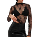 Womens Lace Mock Neck Top M Medium Black Long Sleeve Sheer Floral Mesh