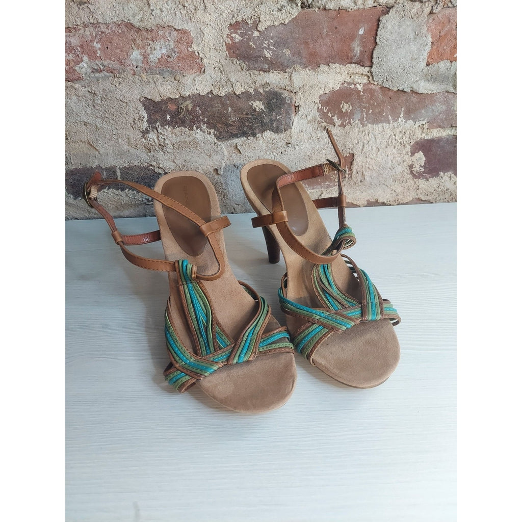 Bandolino Womens Strappy High Heel Sandals 7M Tan Teal Green Multicolor 3 Inch