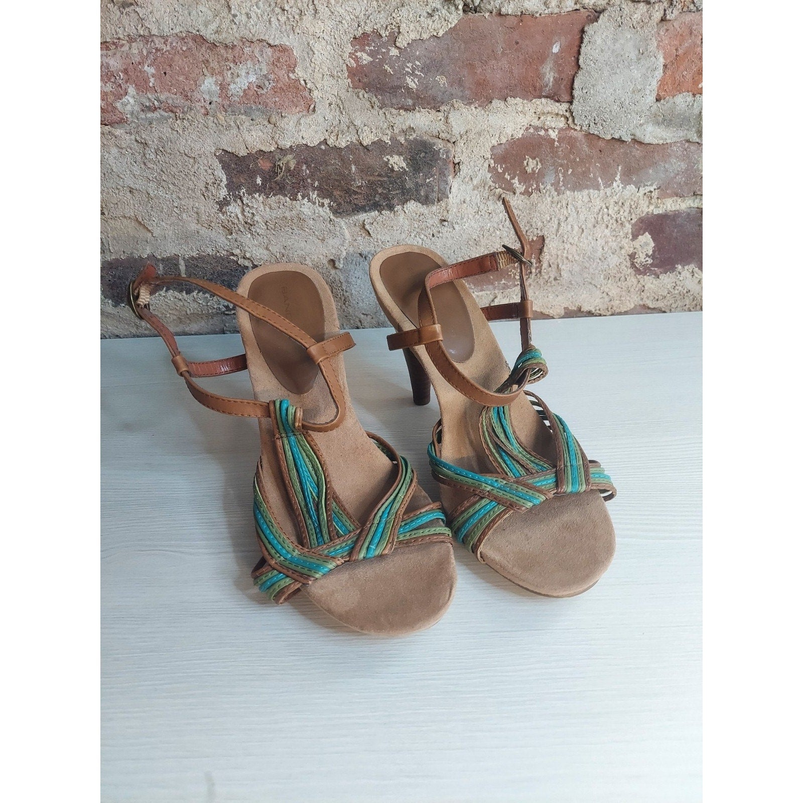 Bandolino Womens Strappy High Heel Sandals 7M Tan Teal Green Multicolor 3 Inch