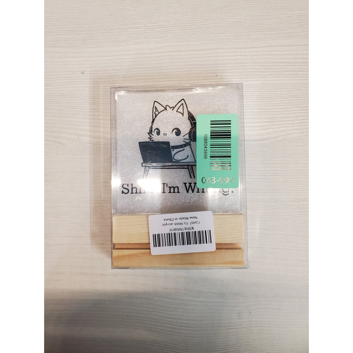 Cute Cat Shhh I'm Writing Desk Sign Acrylic Wood Base Funny Office Decor Gift
