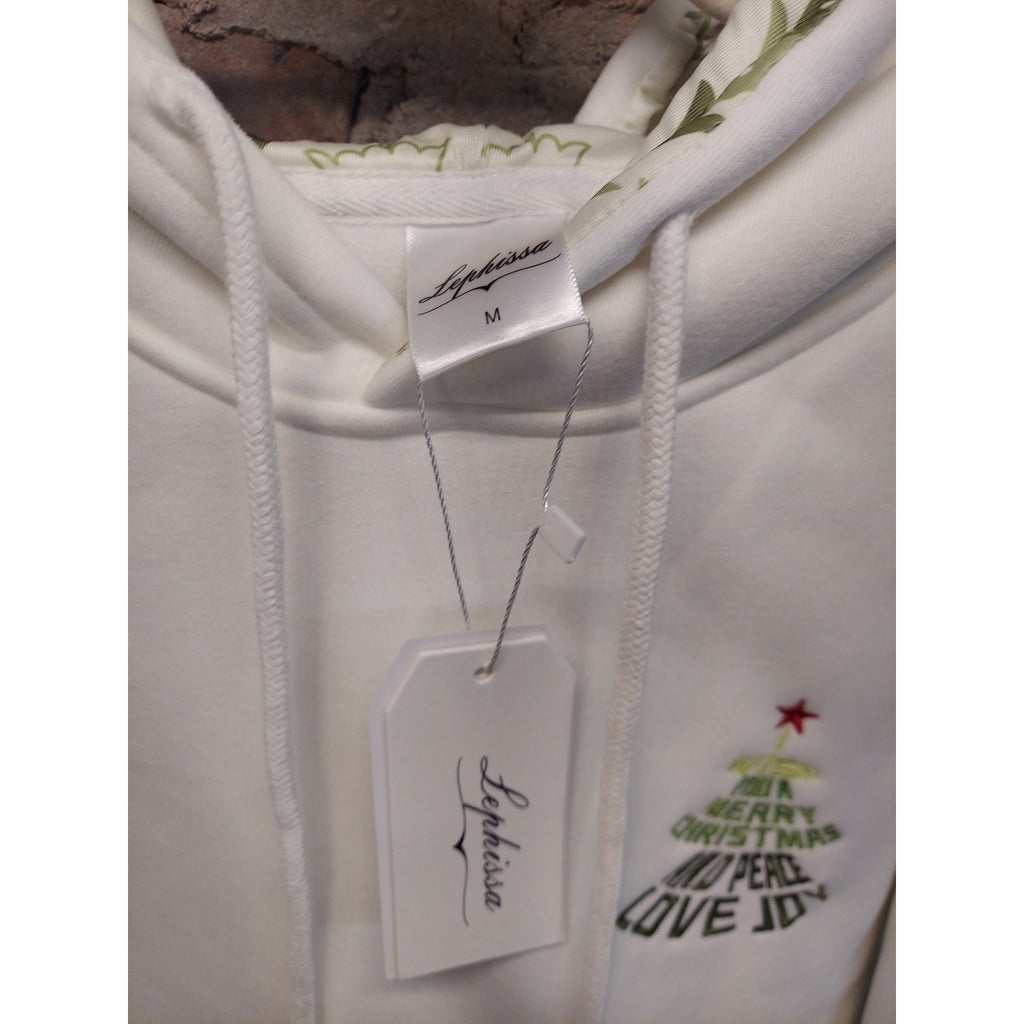 Lephissa Unisex Hoodie M Cream Christmas Embroidered Pullover NWT