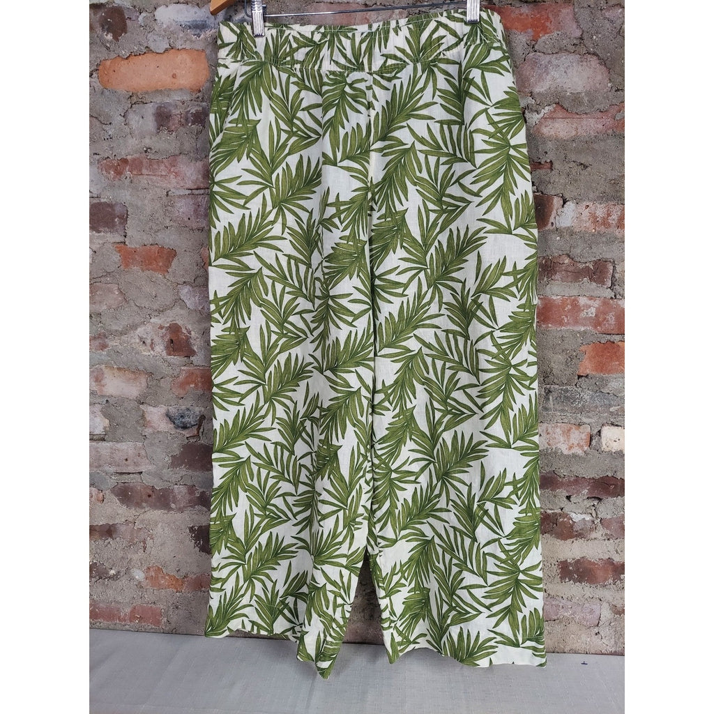 Nicole Miller New York Womens Wide Leg Linen Pants XL Green White Tropical Leaf