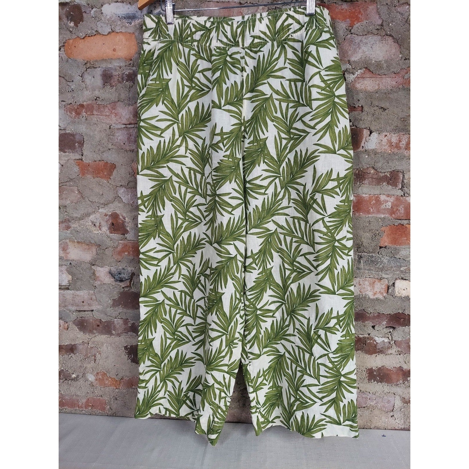 Nicole Miller New York Womens Wide Leg Linen Pants XL Green White Tropical Leaf