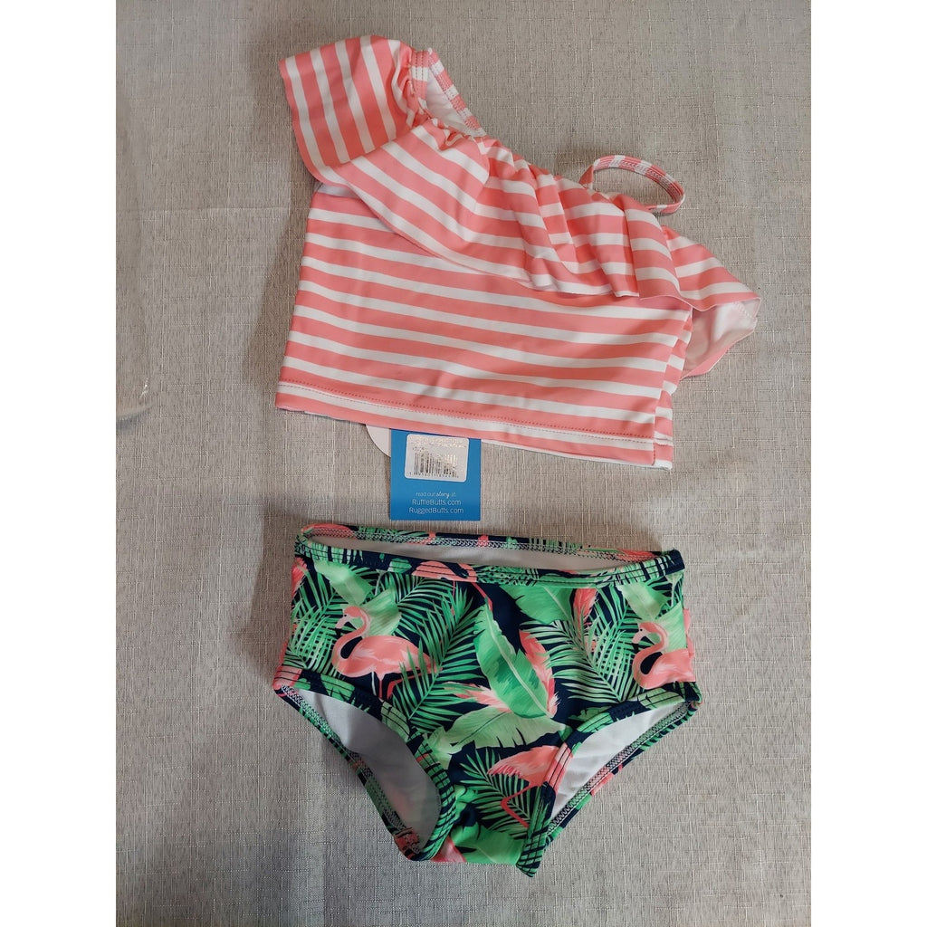 Ruffle Butts Girls Baby 12-18mo Bikini One Shoulder Ruffle Flamingo UPF 50