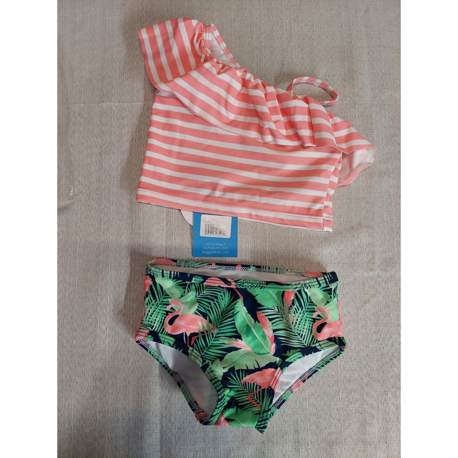 Ruffle Butts Girls Baby 12-18mo Bikini One Shoulder Ruffle Flamingo UPF 50
