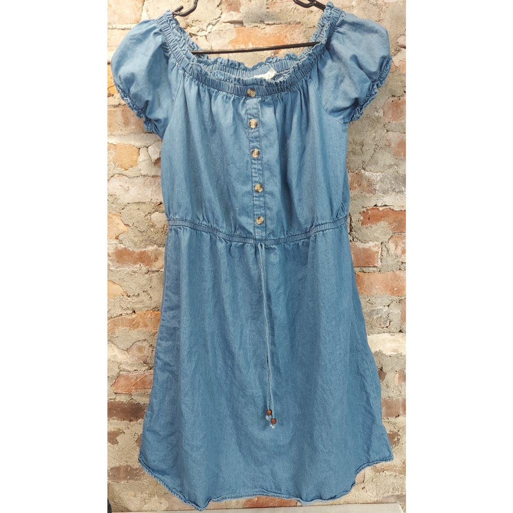 MPH Collection Womens Dress 1X Light Blue Off Shoulder Puff Sleeve Tie Waist