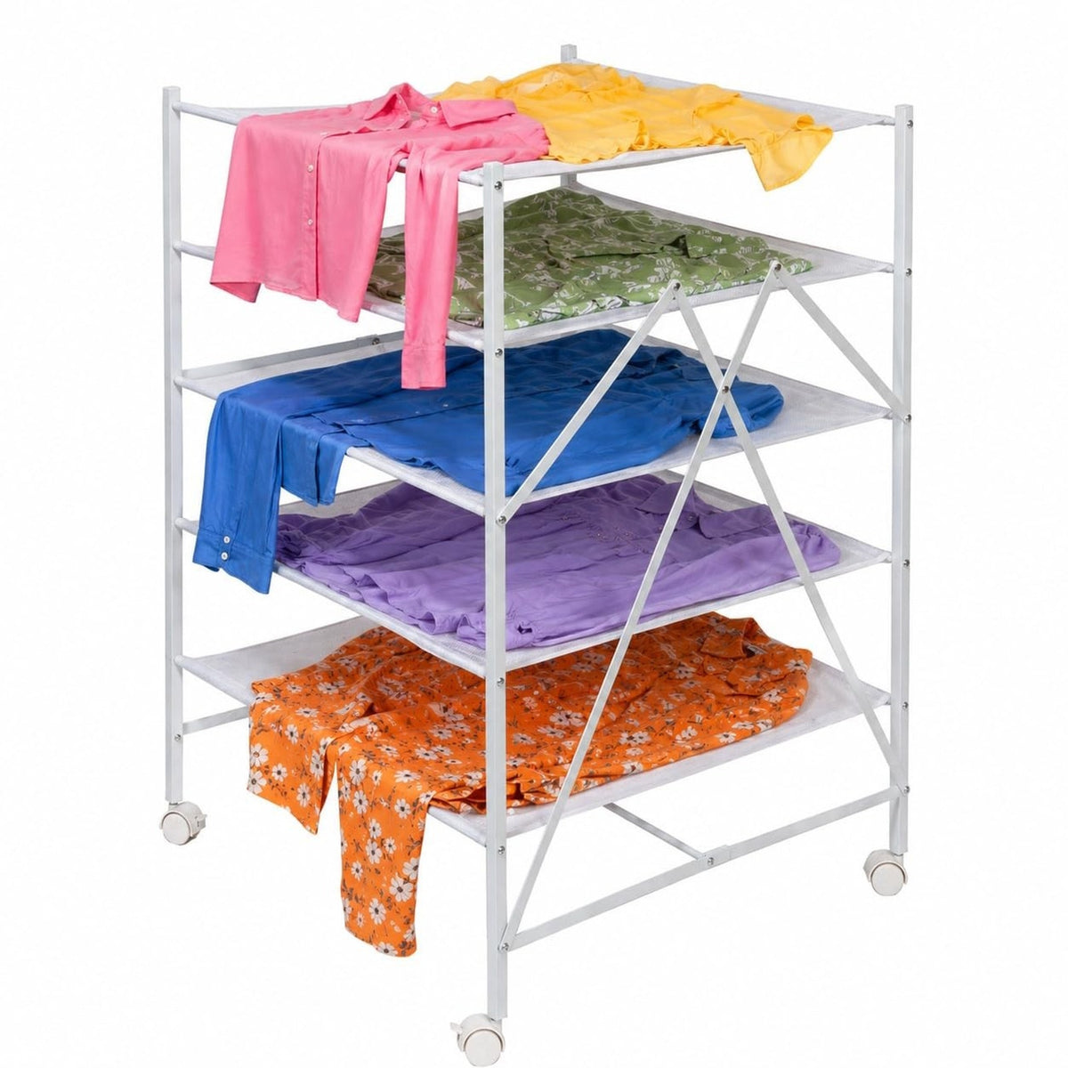 Clothes Drying Rack 5 Tier Foldable Rolling Laundry Mesh Shelves Holds 30lbs