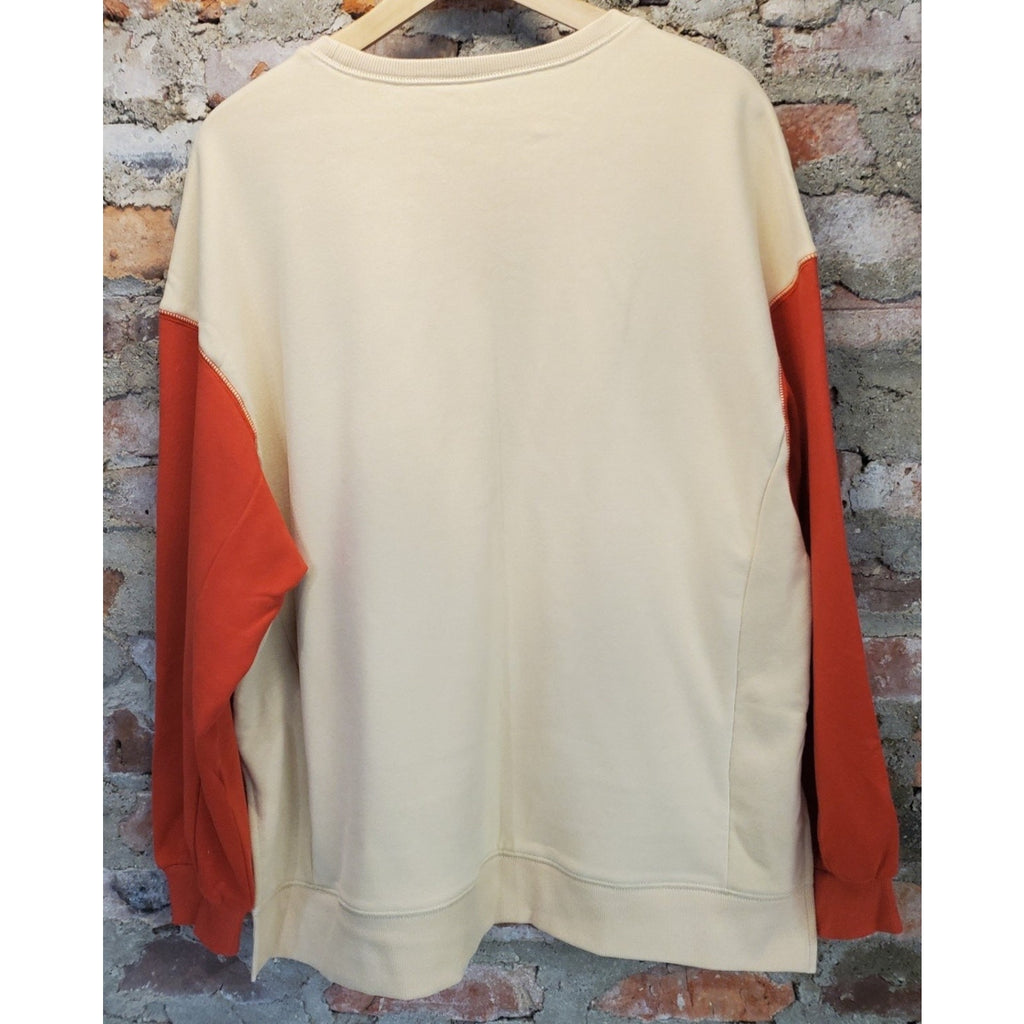 Unisex Sweatshirt Pullover M Cream Orange Colorblock Cotton Blend Crewneck Long